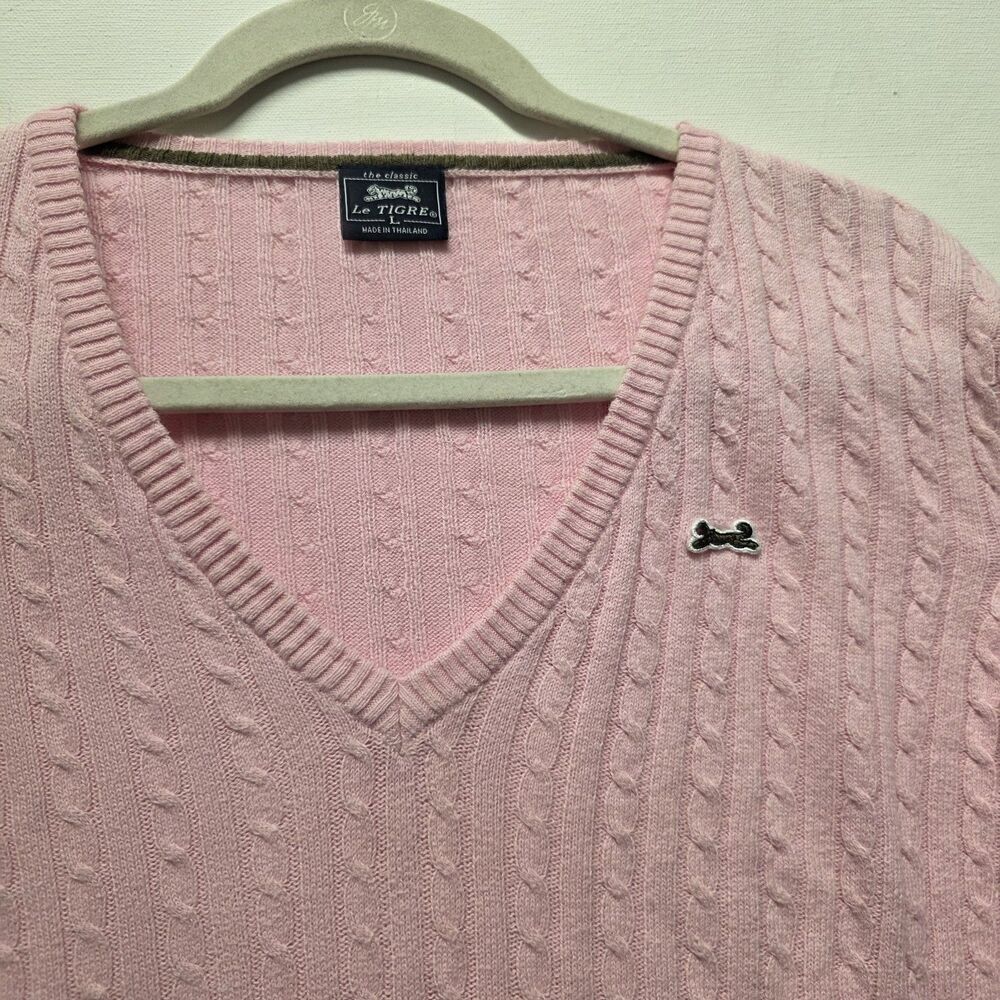 Le Tigre Pink V-neck Pullover Sweater Women's Size Large Logo Cotton Wool - Picture 3 of 9
